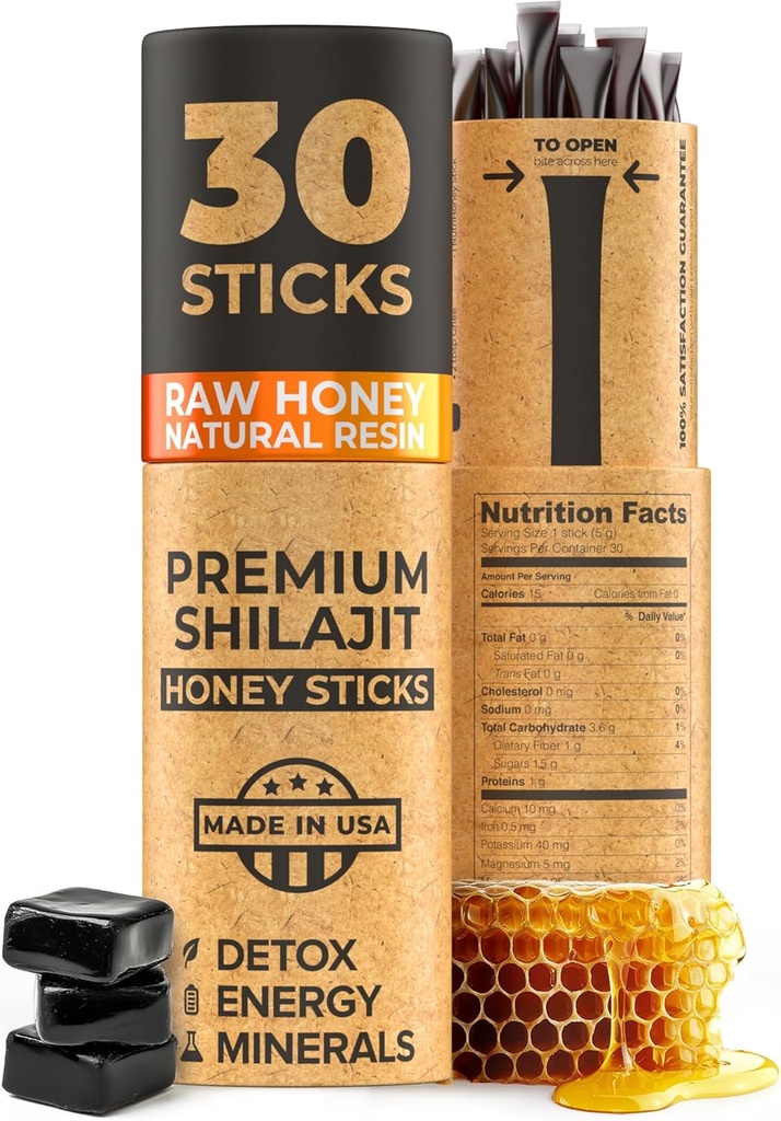 NATURAL SHILAJIT Honning Sticks - Shilajit Resin med rå honning, Fulvic Acid & Trace Minerals, Plantebaserte næringsstoffer for energi, immunstøtte og vitalitet - 30 Shilajit Sticks