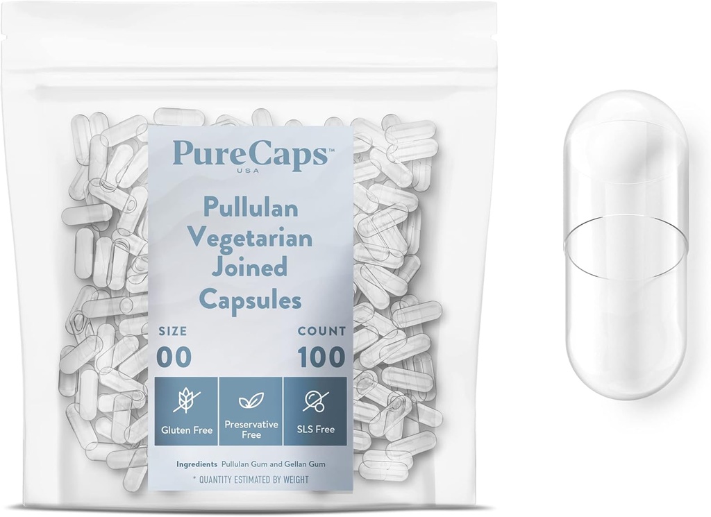 PureCaps USA - Empty Vegetarian Vegan Pullulan Pill Capsules Size 00 | 100 Joined Pills| Clear| Non-GMO Certified | SLS, Gluten, Preservative Free
