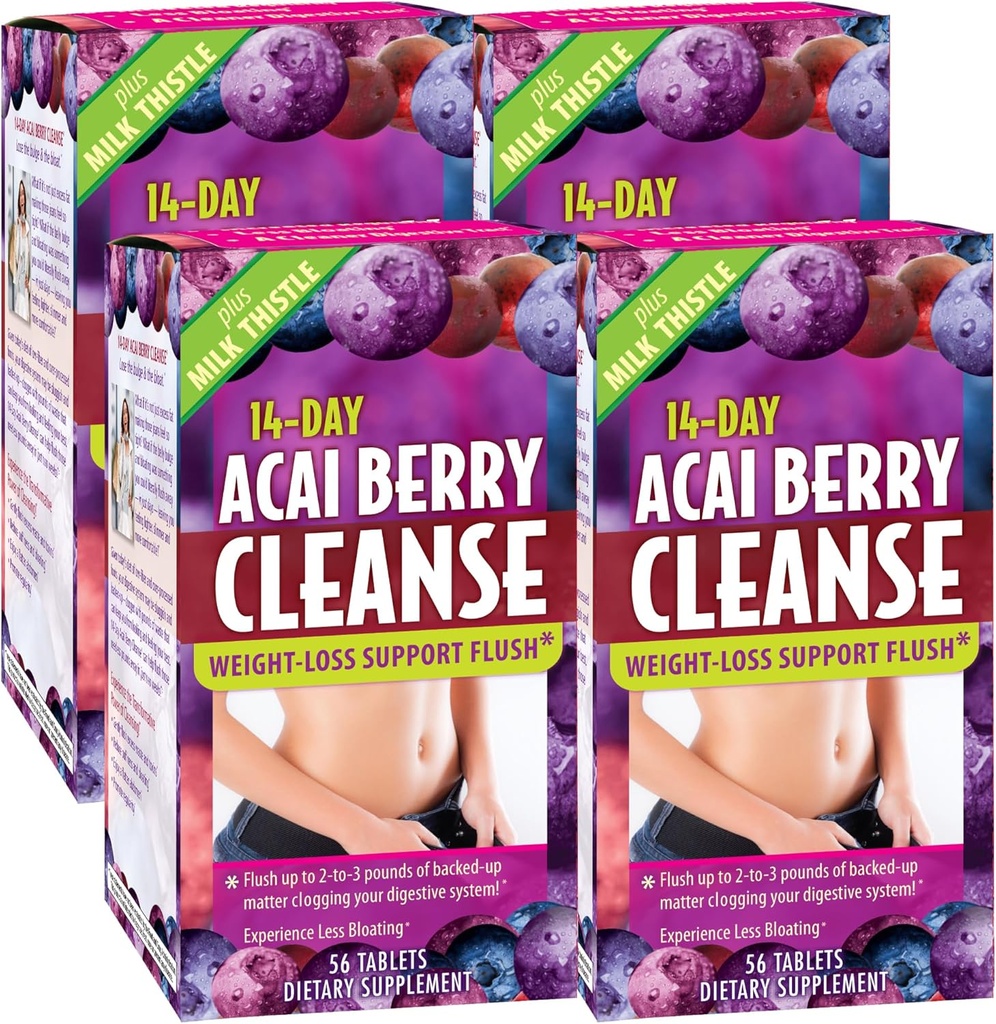 Applied Nutrition 14-dagers Acai Berry Cleanse - 56 tabletter, pakke med 4 - Vekttap Support Flush + Melk Thistle - 112 Total Services