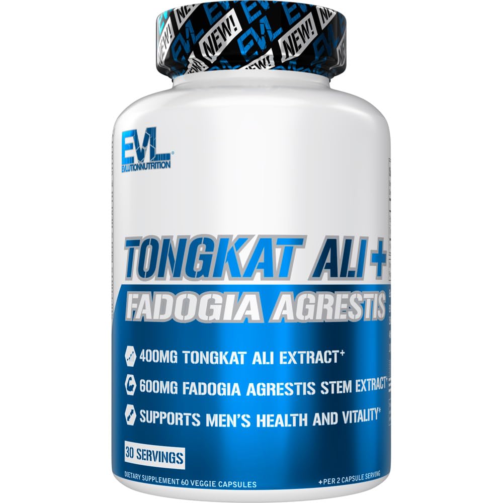 Evlution Nutrition Tongkat Ali + Fadogia Agrestis - Helse for menn + Vitality Support - 400mg Tongkat Ali + 600mg Fadogia Agrestis Stem Extract - Treningstilskudd - Vegetariske kapsler - 30 Services