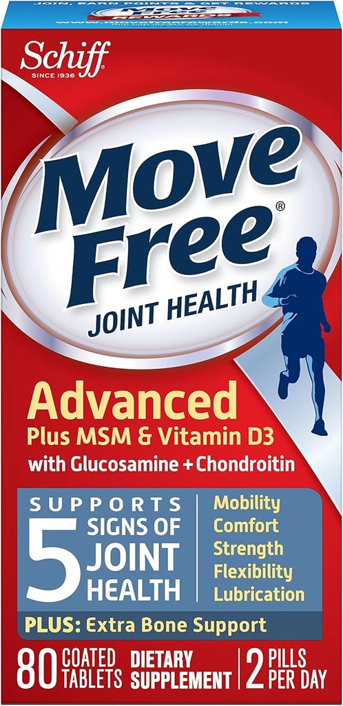 Flytt Gratis Avansert Glukosamin Chondroitin MSM vitamin D3 og Hyaluronsyre felles Supplement, 80 Telling