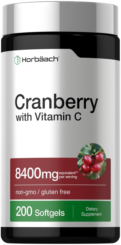 Horbäach Cranberry piller for kvinner og menn | 8400mg | 200 Softgels | Ekstrakt Supplement med vitamin C | Ikke-GMO, Glutenfri