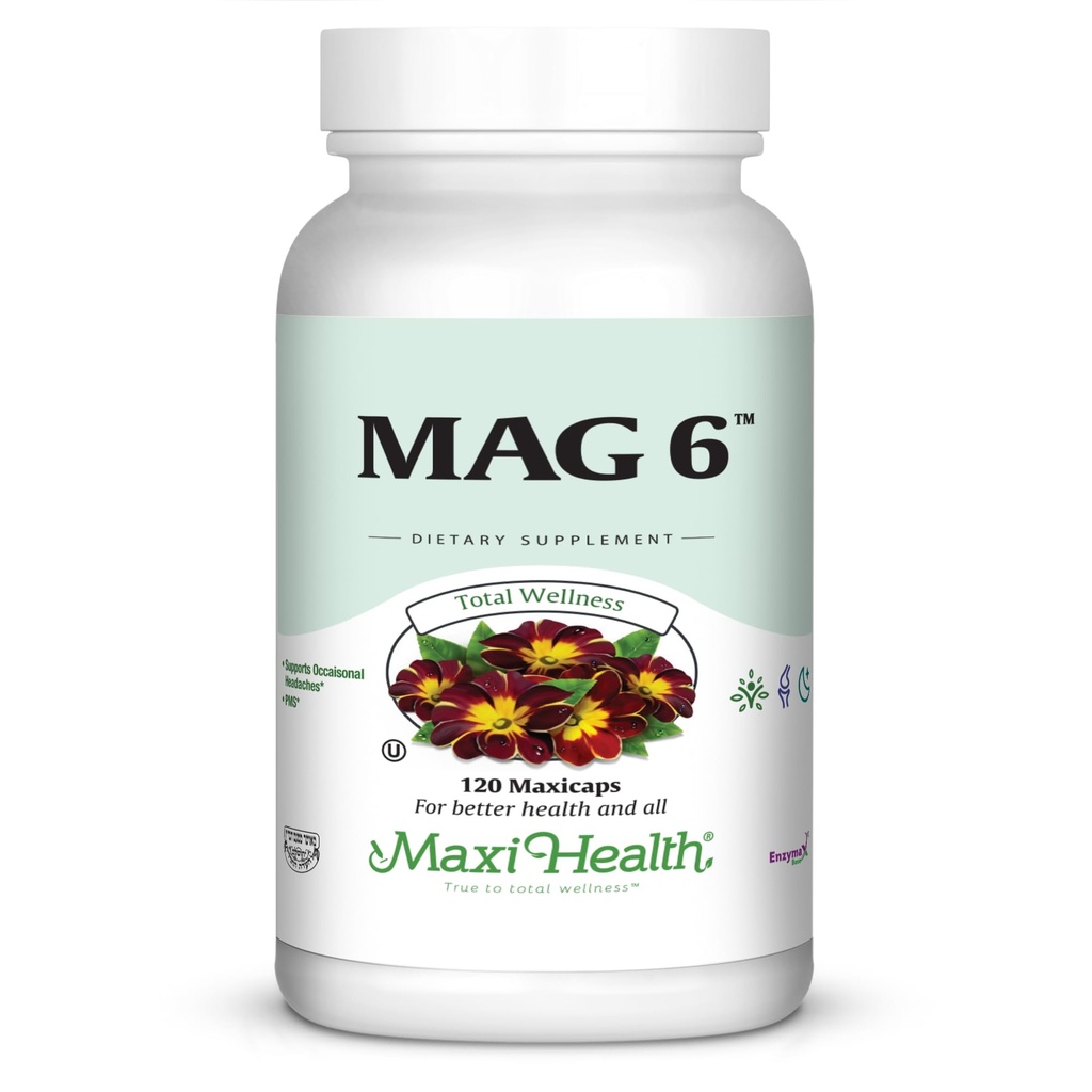 Maxi Helse MAG 6 - Magnesium (som oksyd, glykinat) med vitamin B6 - Migrain, Muscle Cramps, Njur stein støtte - magnesium Supplement for kvinner og menn - 120 kapsler - Kosher