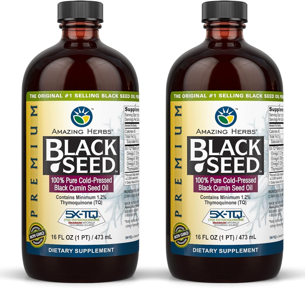 Amazing Herbs Premium Black Seed Oil - Glutenfri, Ikke GMO, Cold Pressed Nigella Sativa Aids i Digestiv Helse, Immune Support, Hjernefunksjon, Joint Mobility - 16 Fl Oz (Pack of 2)