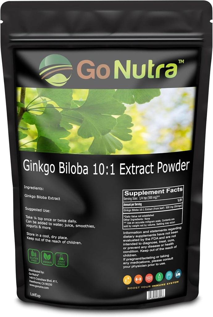 Go Nutra Ginkgo Biloba pulver 8 oz. | Pure Ginkgo Biloba kosttilskudd, Ginkgo pulver fra Biloba Leaf (8oz.)