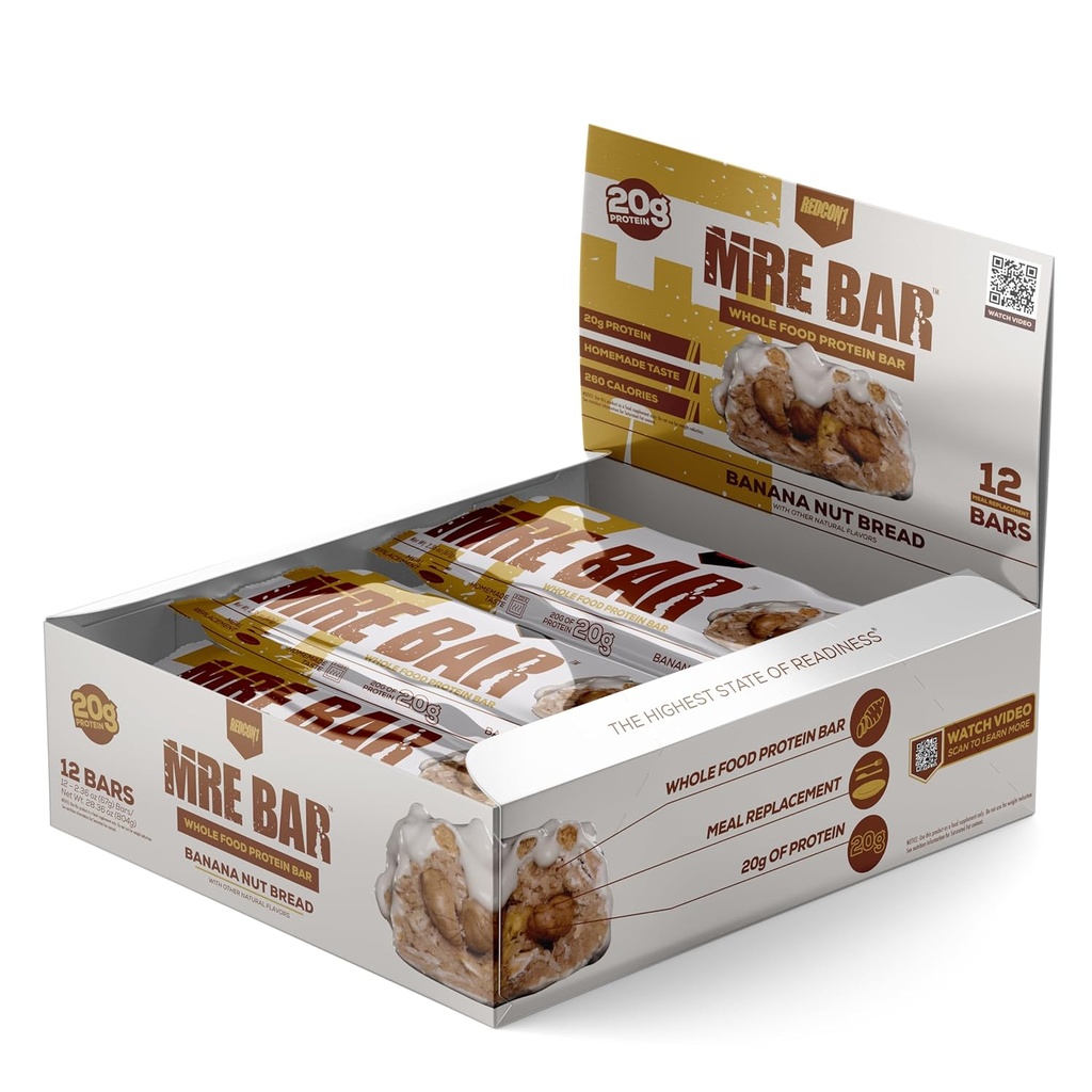 REDCON1 MRE Protein Bar, Banan Nut Bread - Inneholder MCT olje + 20g av hele mat protein - lett disadible, Macro balansert lav sukker måltid erstatningsbar (12 Bars)