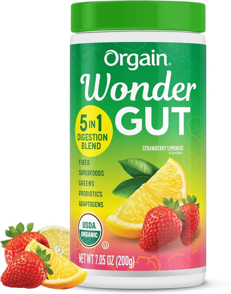 Orgain Organic Wonder Gut Fiber Supplement pulver, 5 i 1 blande med 1 milliard probiotika, Grønn, Vitamin C, Adaptogens for Gut Helse og immun støtte, ikke-GMO, Strawberry Lemonade, 7,05 oz