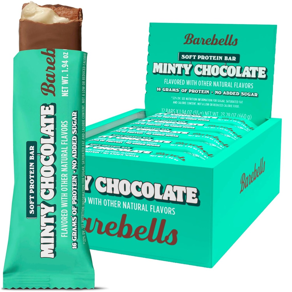 Barebells Soft Protein Bars, Minty sjokolade - 12 greve, 16g høyproteinbehandling - Sjokolade ernæringsbar med 1g Total Sukker - På farten frokost eller post-workout snack