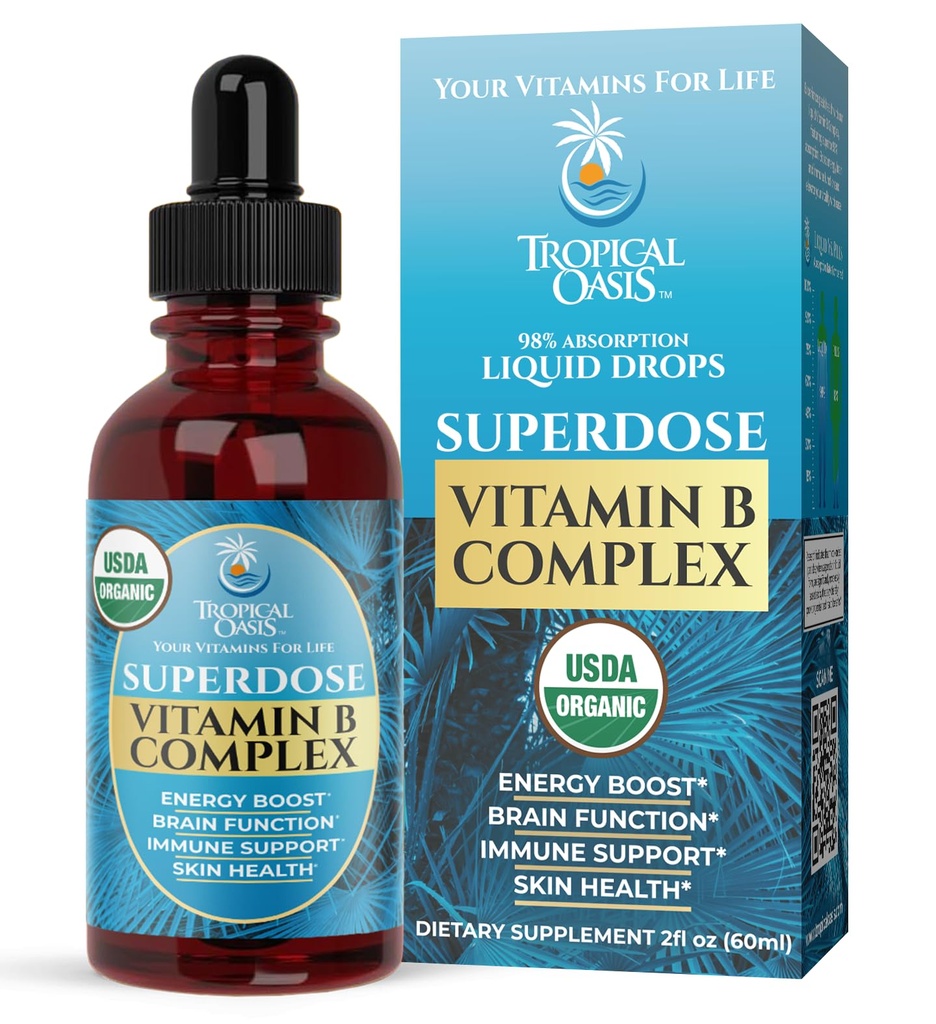 Superdose organisk vitamin B-komplekset flytende | 125 000% DV-vitamin B12, B6, Biotin, Niacin, Folate | Energi, Hjerne Helse, Immunstøtte | USDA Økologisk, Vegan, Ikke-GMO | 60 Serv, 2 Mo.