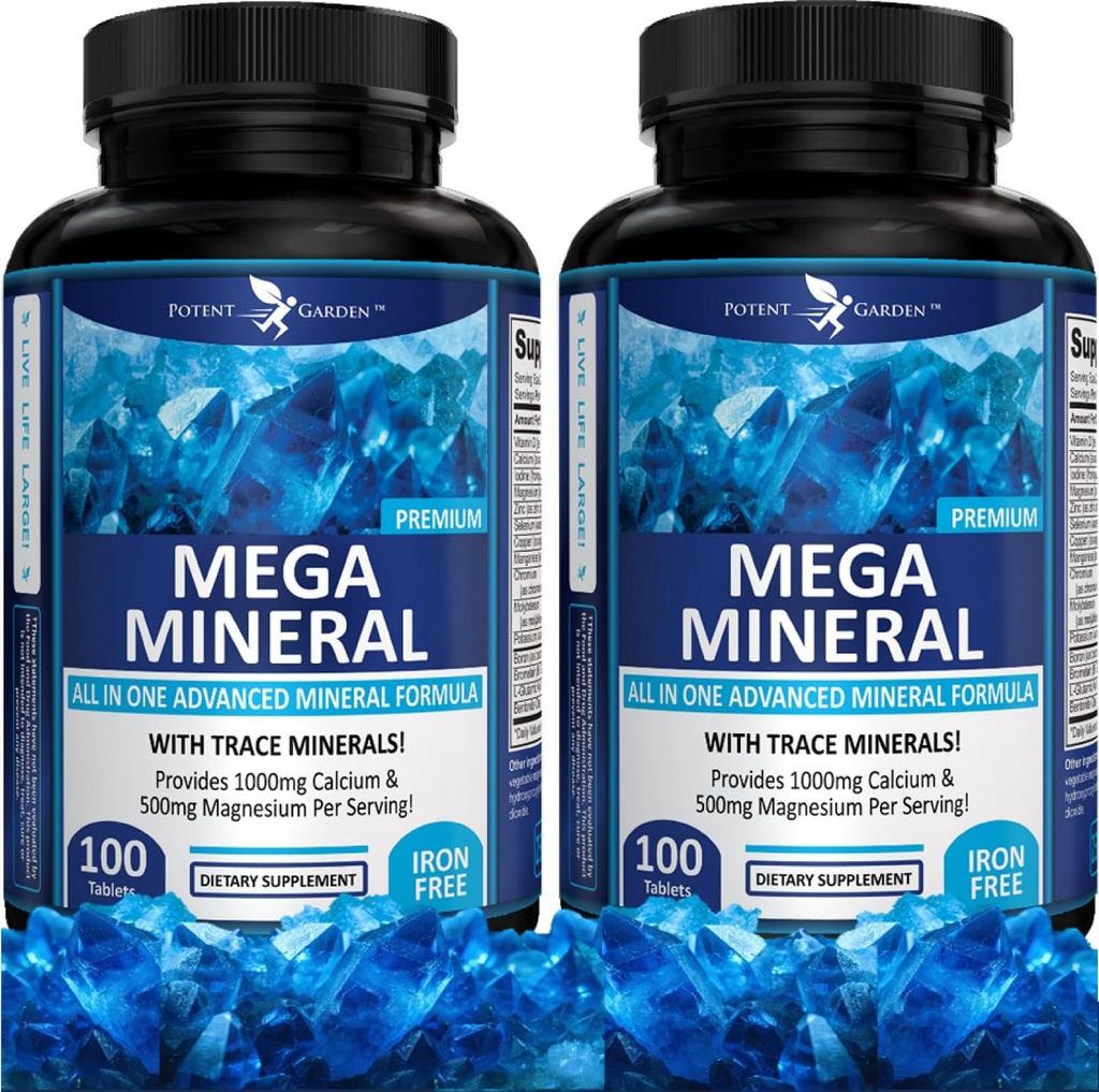 Potent hage 2-Pack Mega Mineral Supplement komplett Mineral kompleks med kalsium Magnesium Sink Kalium Bor Selenium Chromium & 72 Spor Mineraler Jernfri Kalsium Supplement -200 piller