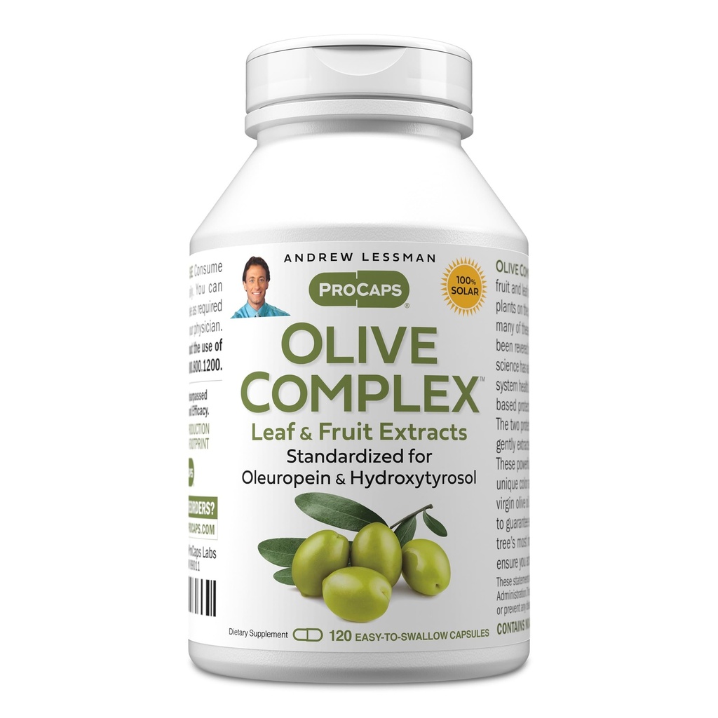 ANDREW LESSMAN Olive Complex - 120 kapsler - blad og fruktekstrakter. Standardisert for Oleuropein og Hydroxytyrosol for å støtte kardiovaskulær og immun helse. Små enkle å svelge kapsler