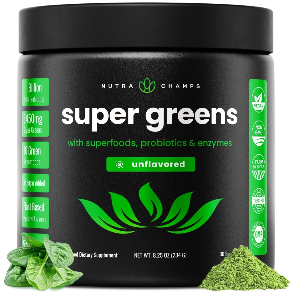 NutraChamps Super Greens Powder Premium Superfood ® 20+ organisk grønn grønn grønn grønn grønn mat hele maten, hvetegras, spirulina, klorella | antioksidant, digestive enzyme & probiotiske blandinger (9,0 Oz, uovertruffen)