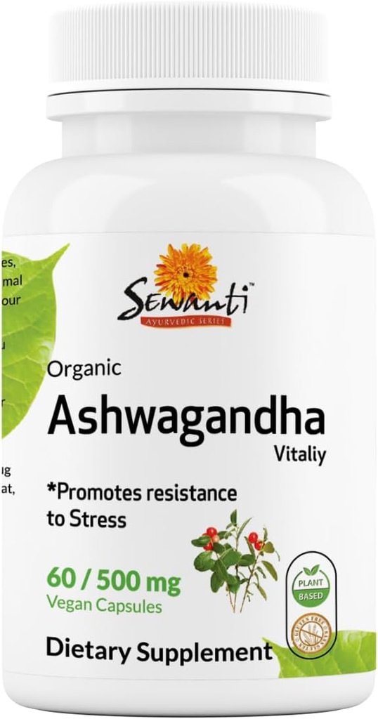 Sewanti Organic Ashwagandha Capsules - Naturlig Stress Relief & Energi Økning - Diett Supplement Høy potens Ekstract 60 Vegan Kapsler - 500 mg