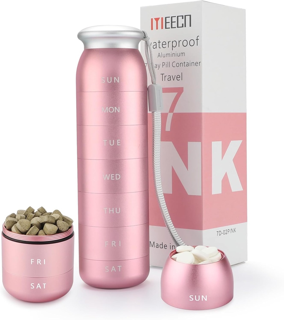 Ukentlig Pille Organizer, Bærbar reise 7 dager, Vanntett Container, Stor, Aluminium, Metall, Hold vitaminer, Cod Liver Oil, Kosttilskudd og medisiner (Pink)