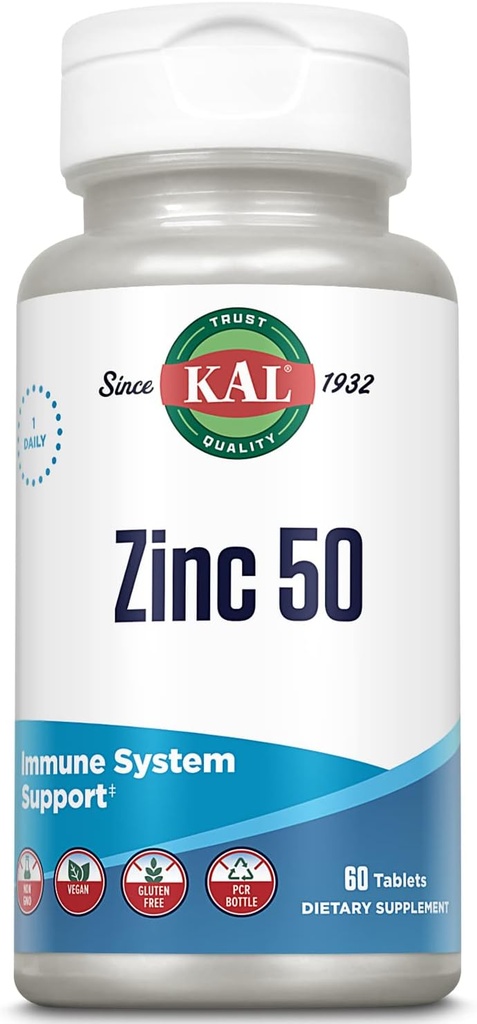 KAL Sink 50 mg Hydroxy Acid Complex, sunn metabolisme og immunstøtte Supplement med sink ORotat, sink citrat, forbedret absorpsjon w/actiSorb, vegansk, glutenfri, ikke-GMO, 60 serv, 60 tabletter