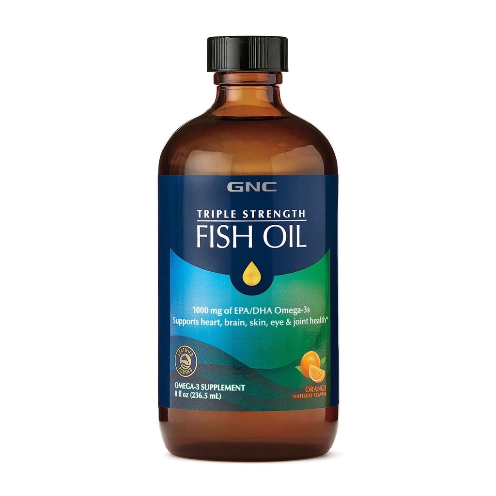 GNC trippel styrke fisk olje flytende Supplement, Wild Deep Ocean Fanget. med 1000mg EPA DHA Omega 3s, for, hjerte, hjerne, hud, øye, felles helse, naturlig oransje flavor, 8 fl Oz, 47 serveringer