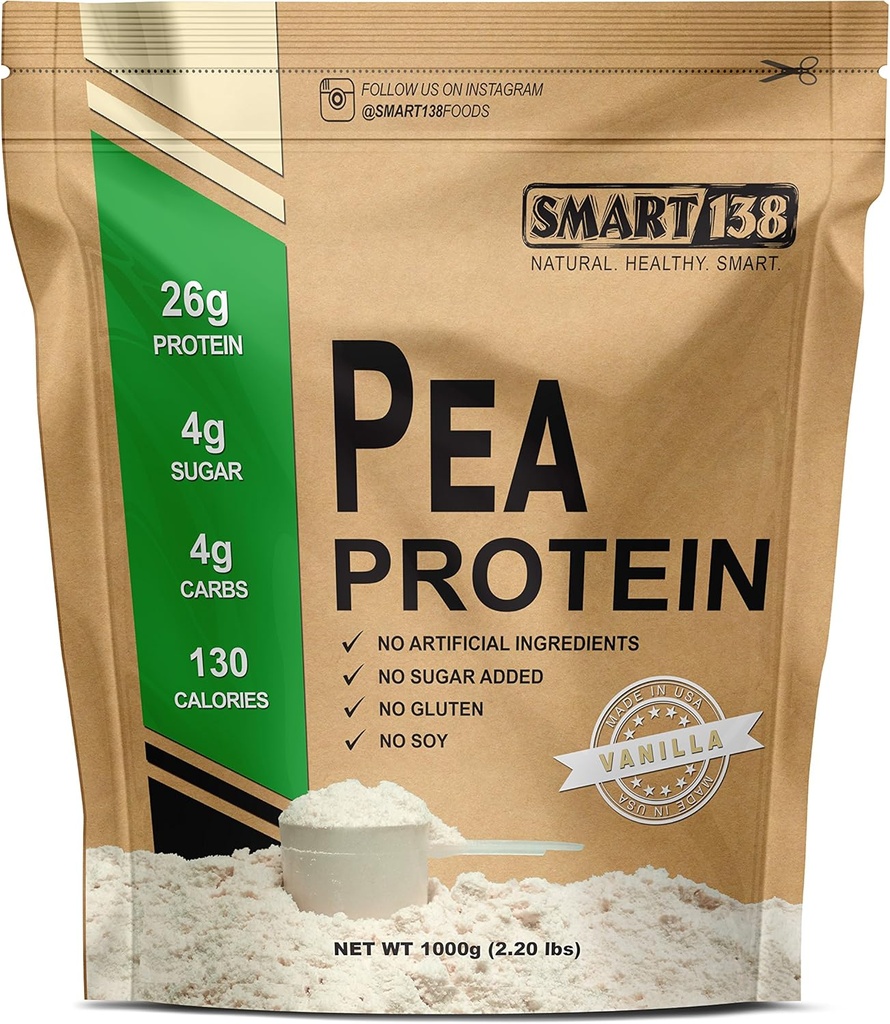 Smart138 Vanilla Protein, Ultra-Fine pulver, Vegan, Glutenfri, Soya-fri, Dairy-Free, Ikke-GMO, USA/Canada, Keto (Low Carb), Naturlig BCAA (1000g / 2.2lbs, Vanilla)