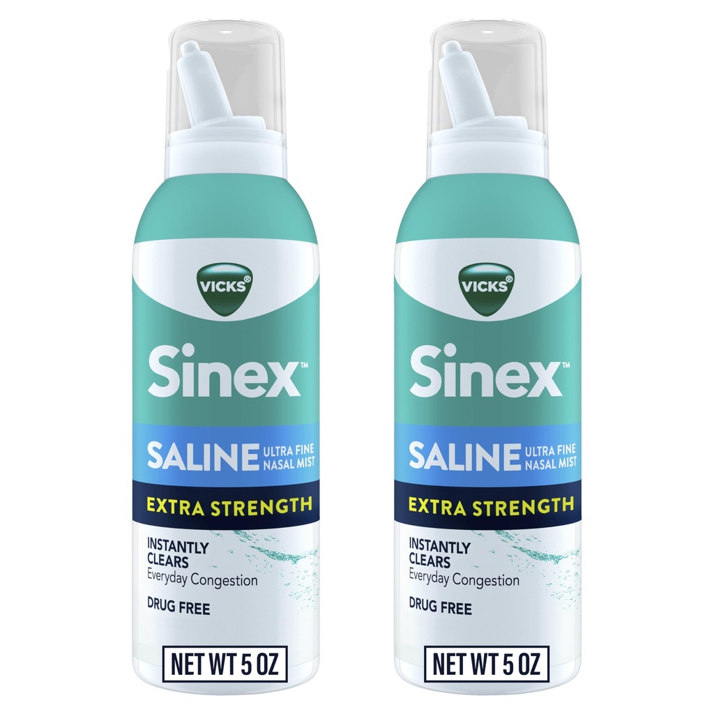 VICKS Sinex Saline Ekstra Styrke Nasal Spray, 3X Konsentrert * Drug Free Ultra Fine Mist, umiddelbart rydder Mucus, Ultra konsentrert til å fjerne kongestion raskt, trygt for daglig bruk, 5 OZ x 2