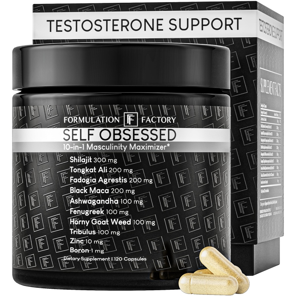 Formulering Factory Selv Obsessed 10 i 1 Maskulinitetsmaksimerer Supplement, Shilajit for menn, Tongkat Ali, Ashwaganda, Fenugreek Muskelvekst, Energi, Drive, Styrke, Recovery 2 måneder (pakke med 1)