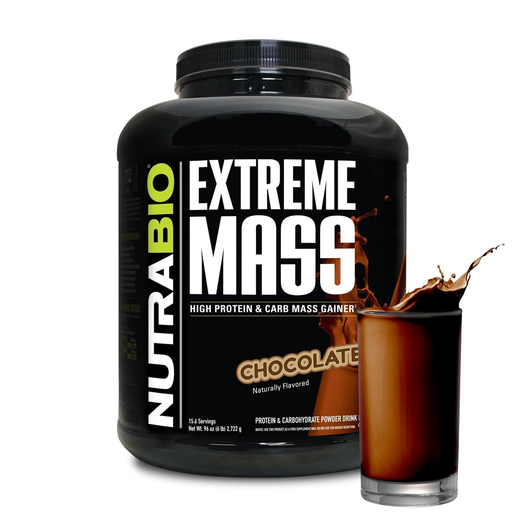 NutraBio Extreme Mass Gainer Protein pulver, 53G Protein, Clean Weight Gainer, Øk muskelmasse, Full Spektrum Aminosyre - Sjokolade, 6 pund