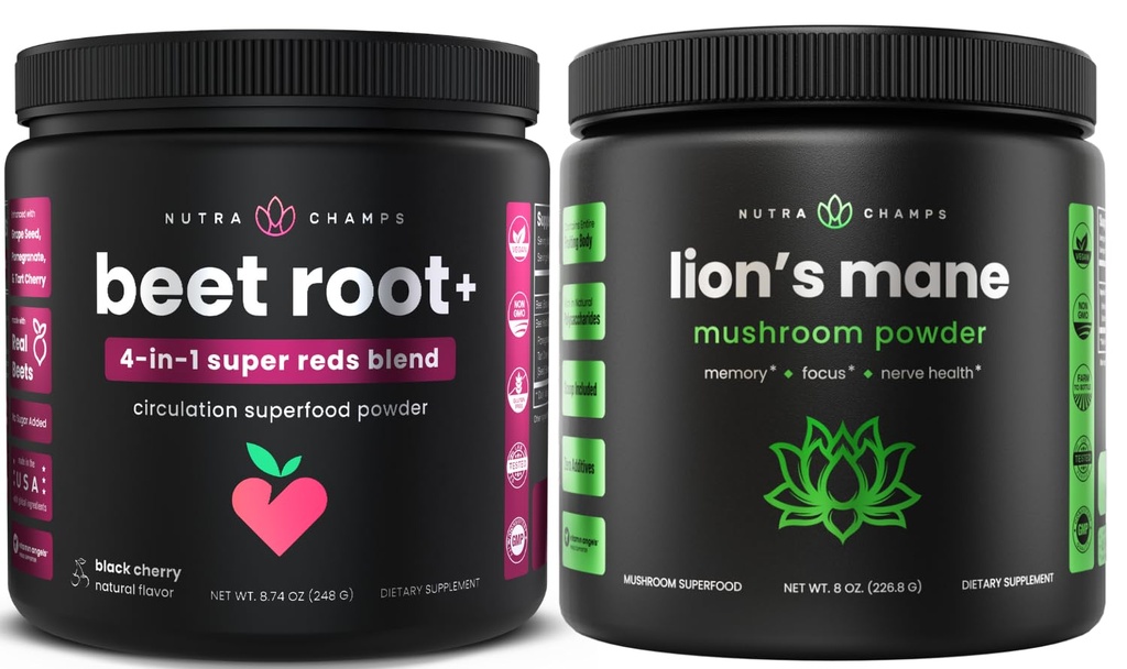 NutraChamps Beet Root Powder & Lions Mane Powder. Kraftig sirkulasjon og adaptogen blandinger