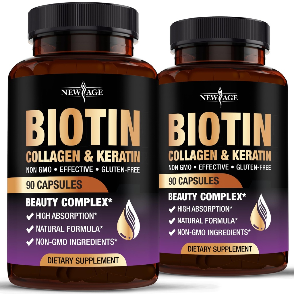 NEW AGE Biotin kollagen Keratin Hyaluronsyre - 50 000mcg Hårvekst Vitaminer for menn og kvinner, negler, hår, hudvitaminer og DHT Blocker med vitamin E Folic Acid Pumpkin Seed MSM- 180 Count
