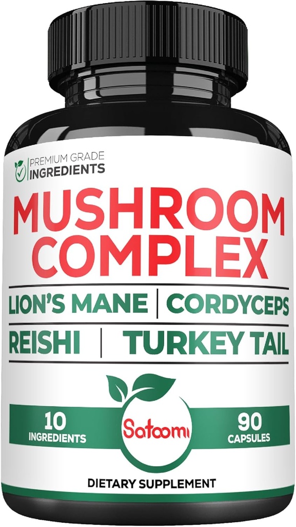 Satoomi 10in1 Lions Mane Supplement Complex - blandet med Cordyceps Sinensis, Reishi Mushroom, Tyrkia Tail Moshroom & andre - 90 greve i 3 måneder