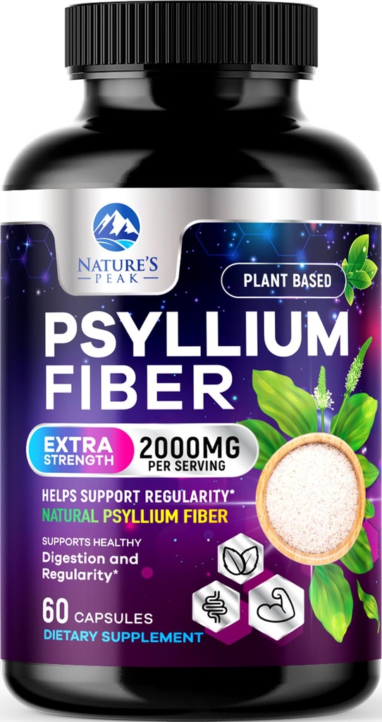 Psyllium Husk Fiber Supplement 1500mg - Vegansk prebiotisk, Oppløselig Fiber for daglig digestiv helse og regelmessig støtte, Naturlig Psyllium pulver Caps, sukker-fri, ikke-GMO & Glutenfri - 60 Kapsler