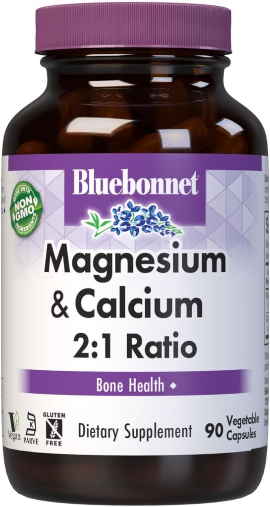 Blåbonnet ernæring Magnesium og kalsium 2:1 Forhold, Bein Helse*, Ikke-GMO, Vegan, Kosher Certified, Glutenfri, Soya-fri, Dairy-Free, 90 Grønnsaker Kapsler, 30 Services