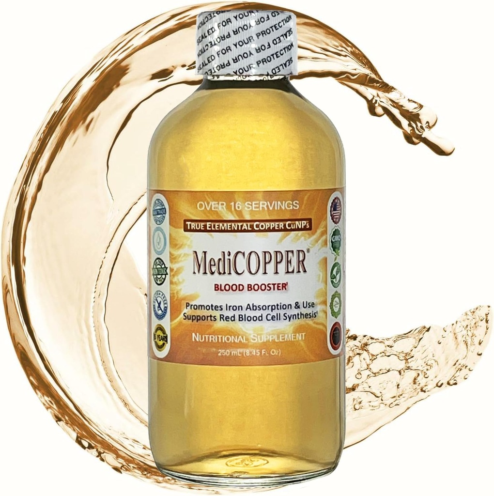 MediCOPPER Blod Booster True Colloidal Kobber CuNP Næringsmiddel - 250 ml i klar glassflaske