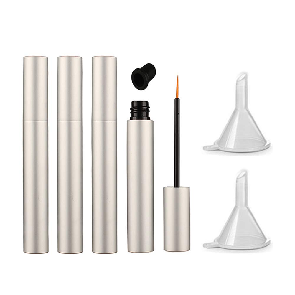 lasenersm 4 stykker 5 ml aluminium tom eyeliner rør påfyllbare øyenvipper vekst flytende flaske plast eyeliner vialer tube med pensel øyenvifte vekst olje Mascara Tube med 2 Mini funnels, Matte-Selver