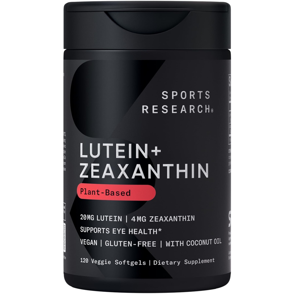 Sports Research® Lutein og Zeaxanthin Capsules - Eye Health Support Supplement laget med Lute-Gen® og organisk kokosolje - Vegansk Vennlig og ikke-GMO Verifisert - 120 Veggie Softgels