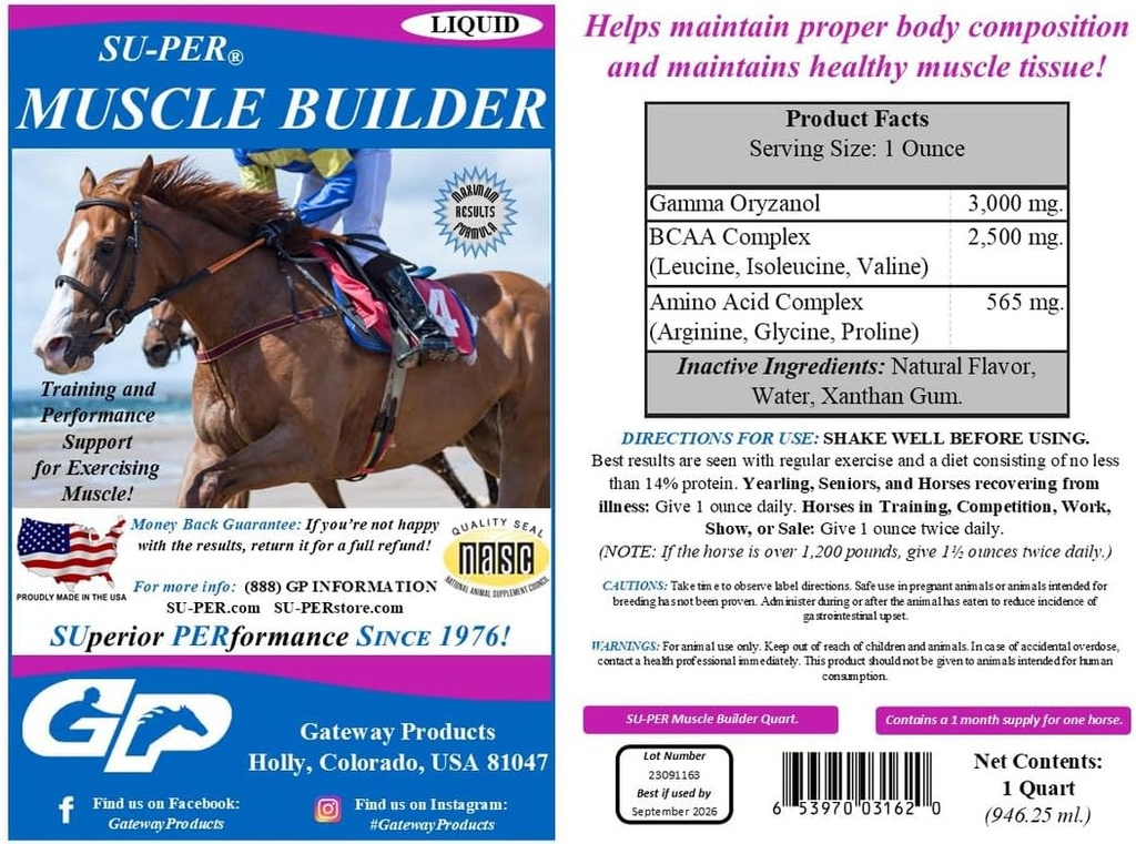 SU-PER Muscle Builder Horse Supplement - Trening og ytelse støtte for å utforske muskel - 1 Gallon + Pump