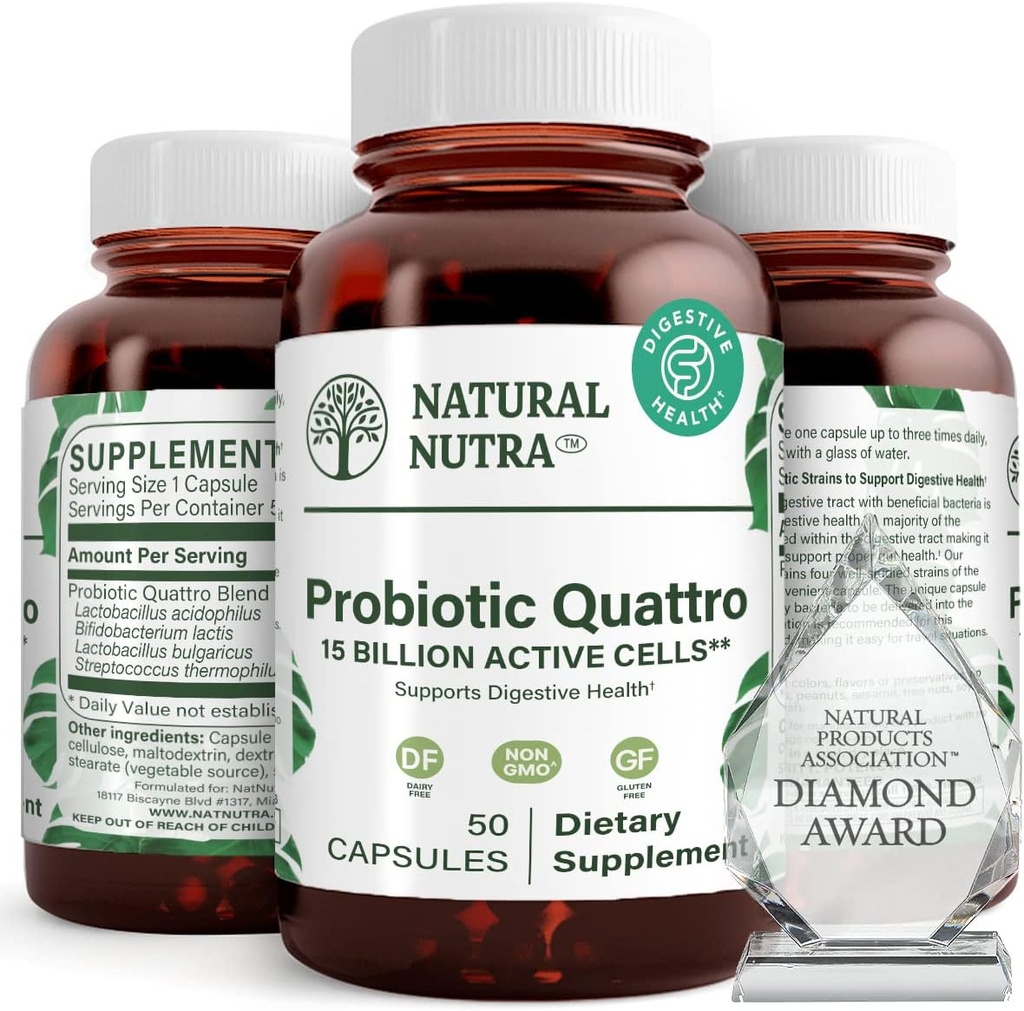 Naturlig Nutra Probiotic Quattro – Advanced Probiotic Supplement med 4 kraftige strimler inkludert Lactobacillus Acidophilus, Bifidus – støtter digestiv og immun helse – 50 vegetariske kapsler