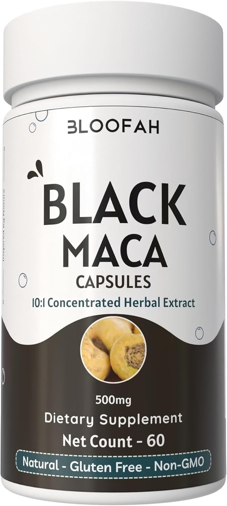 Svart Maca Kapsler 500 mg | 10:1 Ekstrakt pulver | Konsentrert Herbal Supplement | Ikke-GMO, Glutenfri, Maca Root Extract | Premium Herbal ernæring (60 greve (Pack of 1))