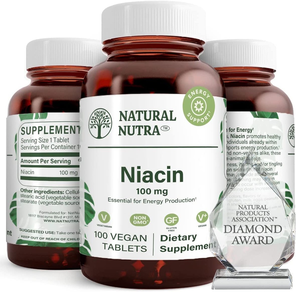Naturlig Nutra Niacin Supplement for energi, bidra til å opprettholde kroppsfett, forbedre digestion, fremmer hud helse, økt energi og hjernefunksjon, ikke-GMO, Glutenfri, 100 mg, 100 tabletter (pakke med 2)