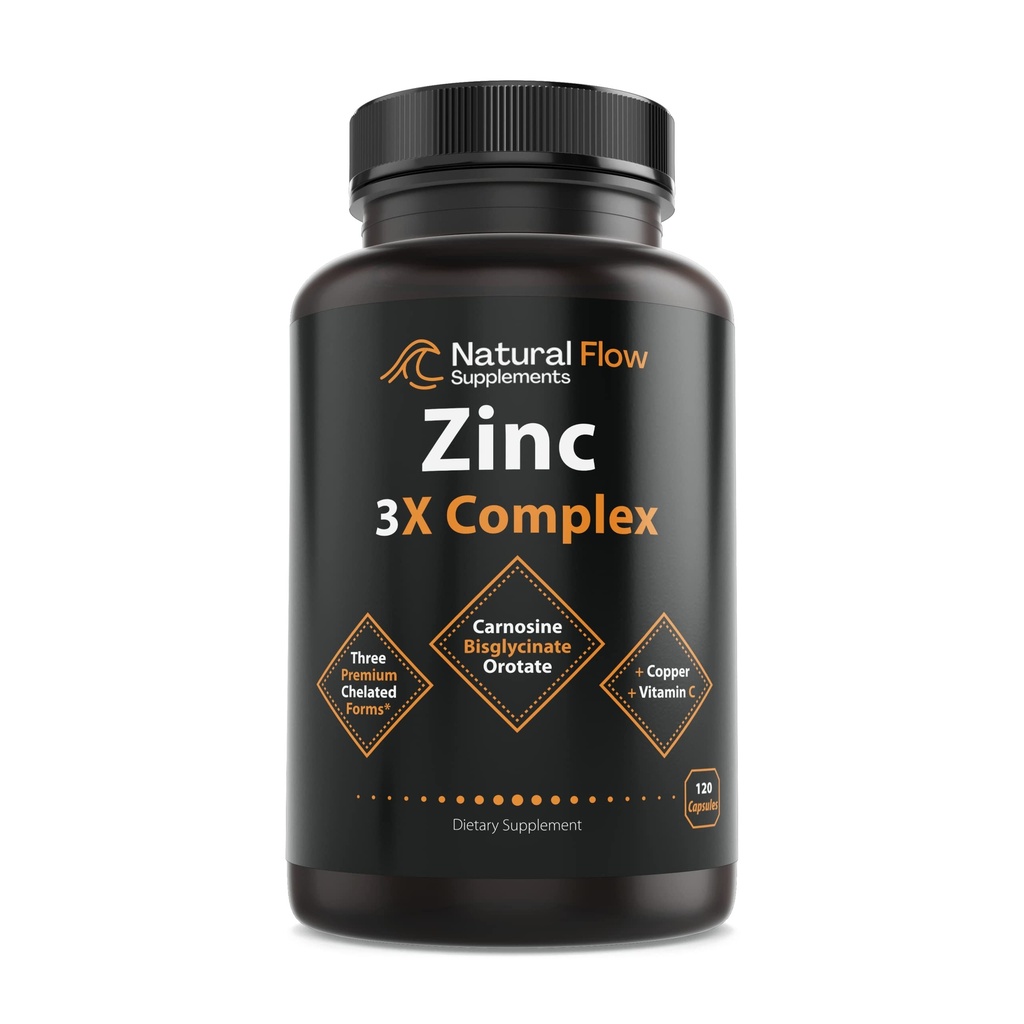 Sink Supplement Kompleks med kobber og vitamin C - naturlig flyt 3X sink karnosin, bisglykinat Chelat, og orotat, Chelated Copper, lett på magen, hud og immunstøtte, 120 kapsler