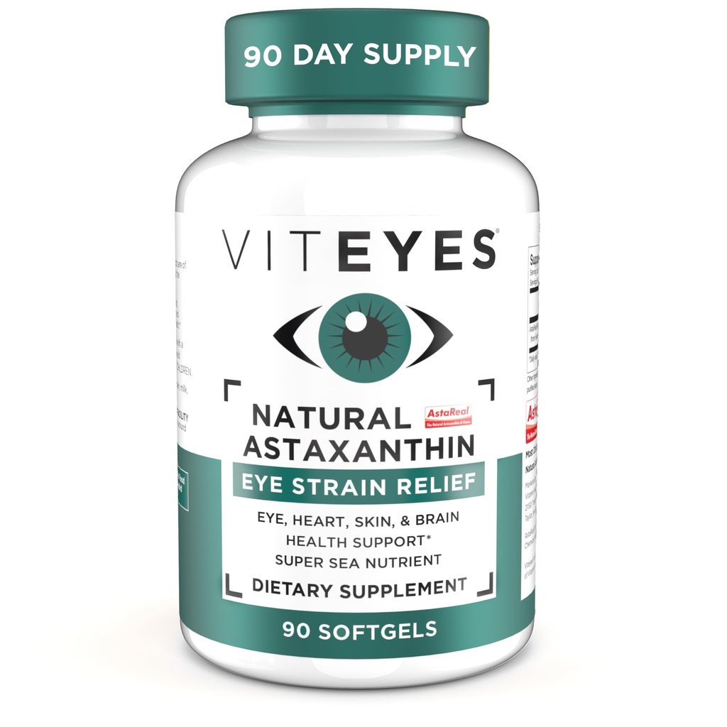 Viteyes naturlige astaxanthin, leeve trøtt øyne og øyestrekning, kildet fra algae, hudhydrasjon, hjerte og hjerne helse, 4 til 8 mg naturlig astaxanthin, 90 Softgels