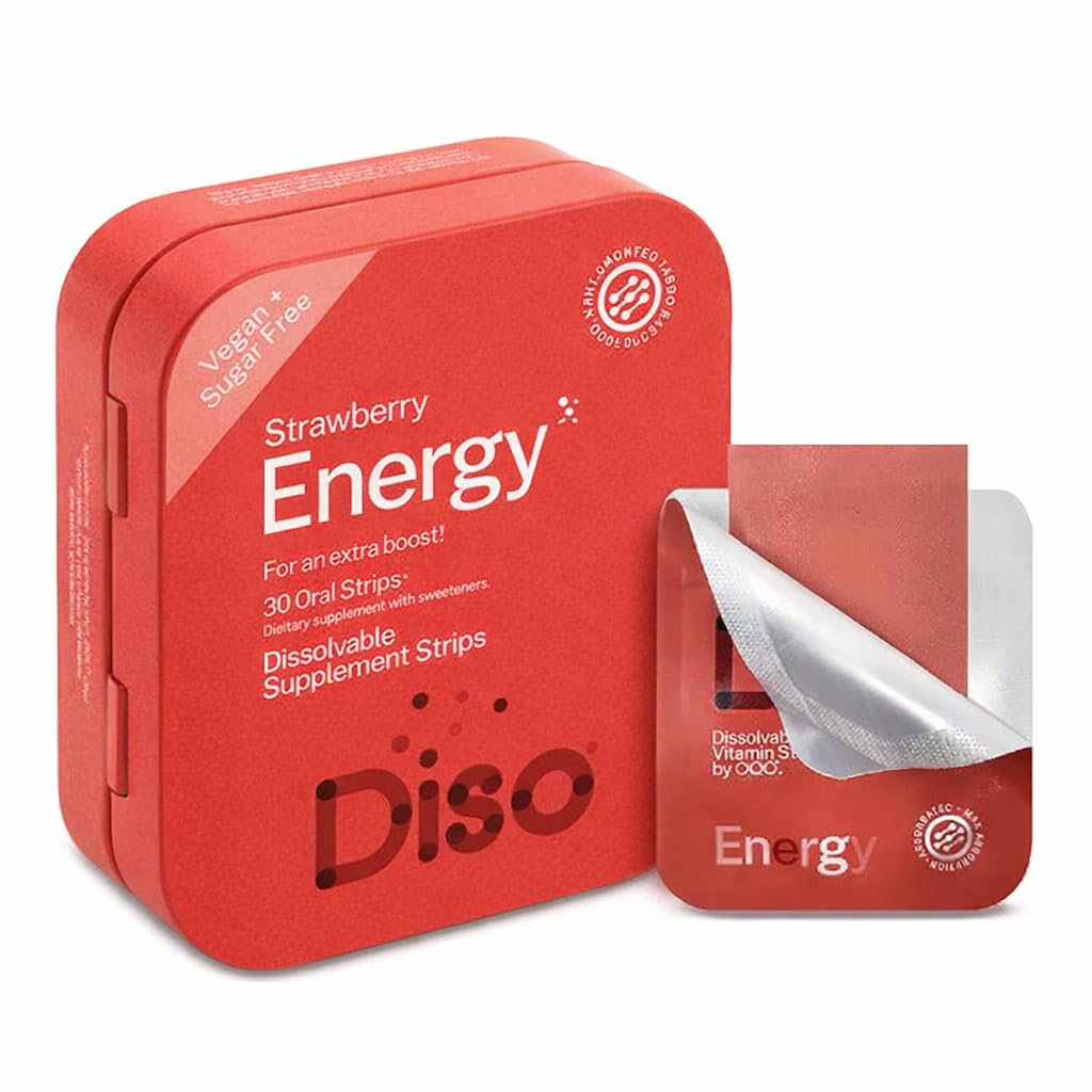 DISO - Energi - Fast-Dissolving Koffein Strips med vitaminer, Strawberry Flavor, Vegan, Sukkerfri, høy absorpsjon, Glutenfri, Individuelt ompakket, 30 Oppløselige Strips