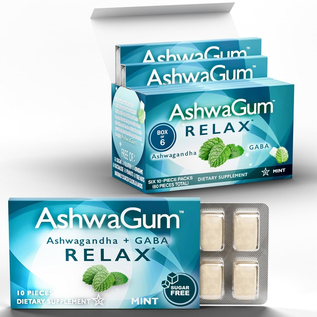 AshwaGum RELAX Gum by BetterGum, høy potens kosttilskudd med KSM 66 Ashwagandha og Gaba, støtter stress og angst relief, kortisol støtte, alternativ til gummier, sukkerfri, 10 stykker - 6 pakke