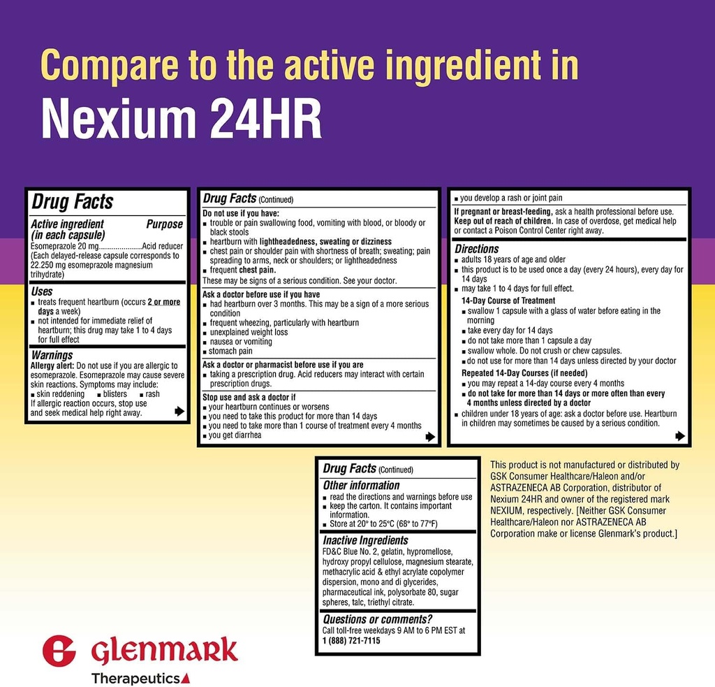 Glenmark Therapeutics Esomeprazol Magnesium USP 20mg, forsinket release kapsler, behandler hyppig hjertebrann, 42 kapsler