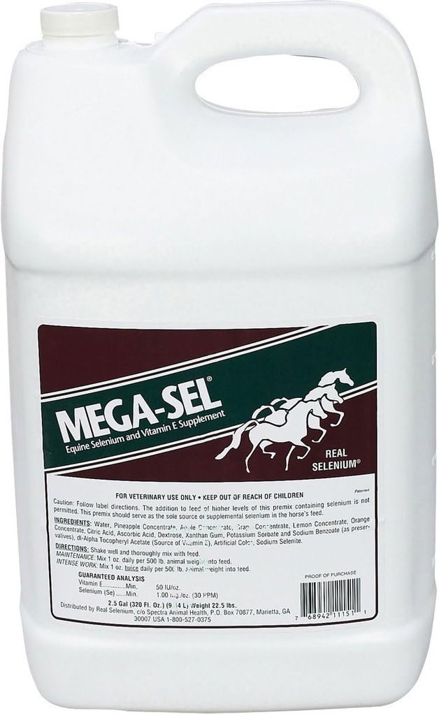 599840 Mega-Sel flytende formel for hester, 2,5 Gallon