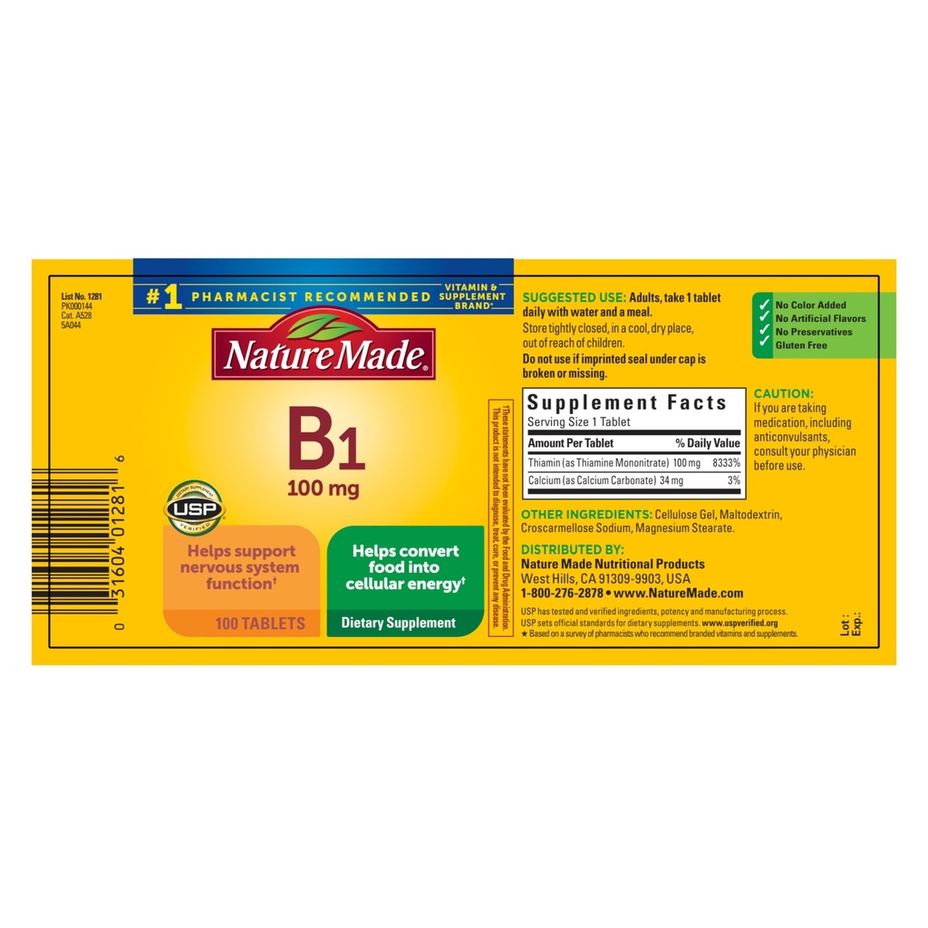 Naturlaget vitamin B1 100 mg, kosttilskudd for energimetabolisme støtte, 100 tabletter, 100 dagers forsyning