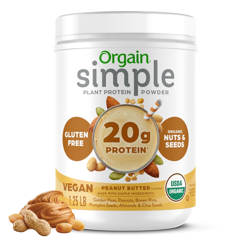 Orgain Organic Simple Vegan Protein pulver, Peanut Smør - 20g Plante Basert Protein, Med mindre ingredienser, Ingen kunstige søtningsmidler, Glutenfri, Ingen Dairy eller Laktose, 1.25 lb (Packing May Vary)