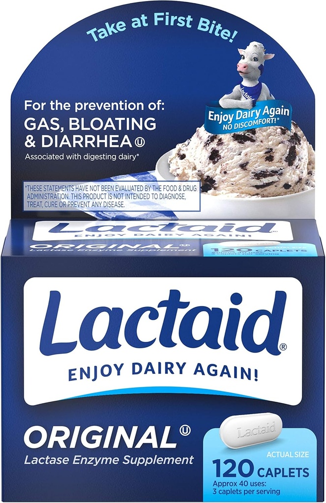 Lactaid Lactase Enzyme Caplets Opprinnelig - 120 Caplets, Pakke med 6
