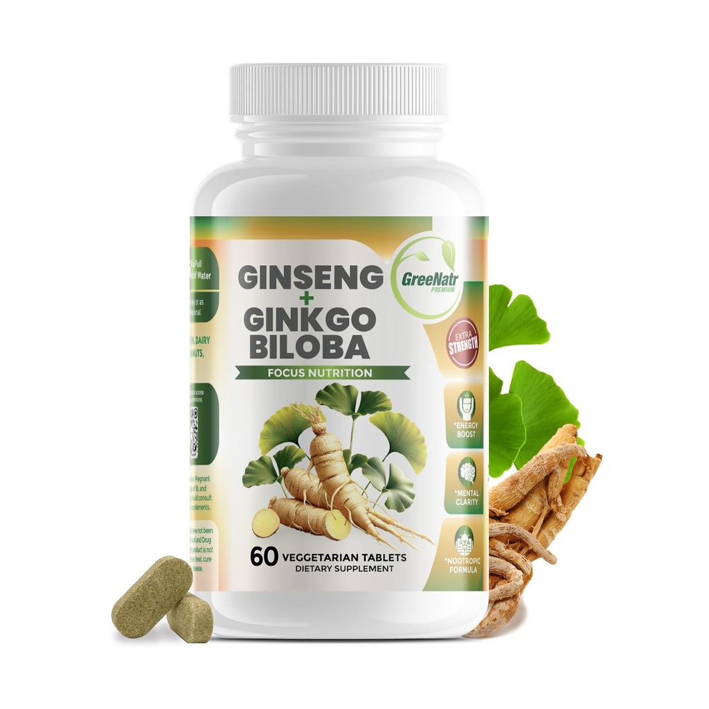 GreeNatr Ginko Biloba & Panax Ginseng Supplement - Rød Ginseng Brain Supplement for minne og fokus - Ginkgo Biloba Supplement for god visjon, immunsystem og forbedret blodflyt - 60 tabletter