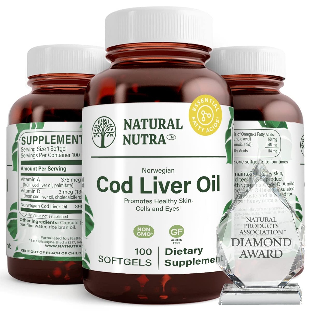 Naturlig Nutra Norsk Cod Liver Oil Supplement, bidrar til å opprettholde huden, bidrar til å opprettholde kroppstetthet, øyehelse og nervefunksjon, fremmer tannhelse, støtter kardiovaskulær helse, 100 Softgels