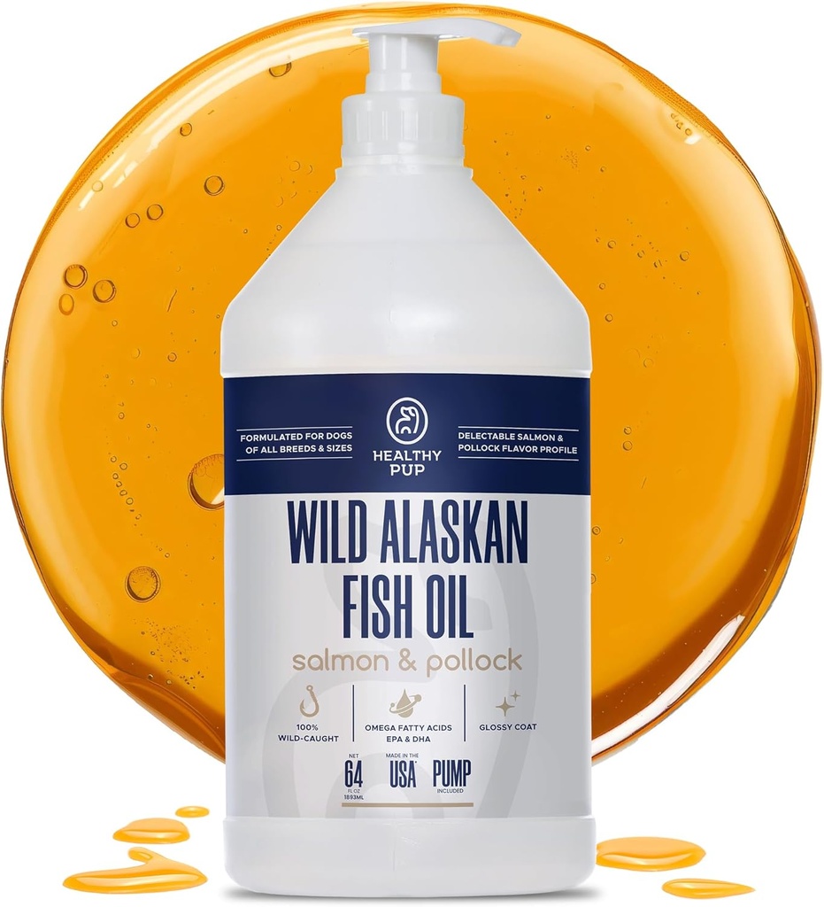 Wild Alaskan Salmon Oil for hunder med Pollock - 64 oz Pollock og Salmon Oil, Omega 3, EPA og DHA - Hunde Hud og Coat Supplement - laget i USA