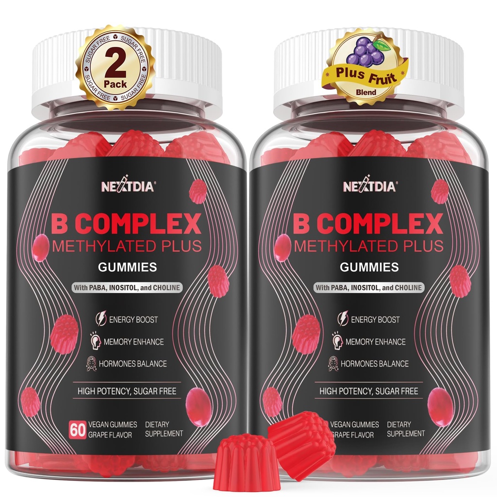Hjernen og Mood Support Gummies, Super Vitamin B kompleks for menn og kvinner, Alle B-vitamin B1 B2 B3 B5 B6 B7 Folate MethyB12 med PABA, Inositol, Choline, støtter MTHFR Gene & Energi, Vegan, 120Ct