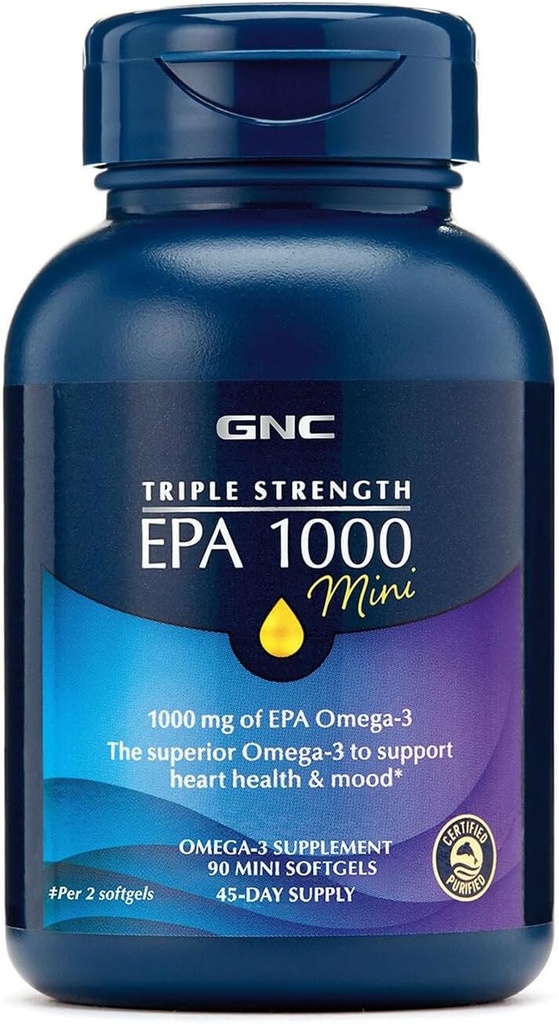 GNC Triple Styrke Fish Oil EPA 1000 Mini, 1000 mg Omega 3, Mini Softgels, støtter øye, hjerne, hud, sunne triglycerider, hjerte, felles, coated to Control Fishy Burps, 45 Serveringer